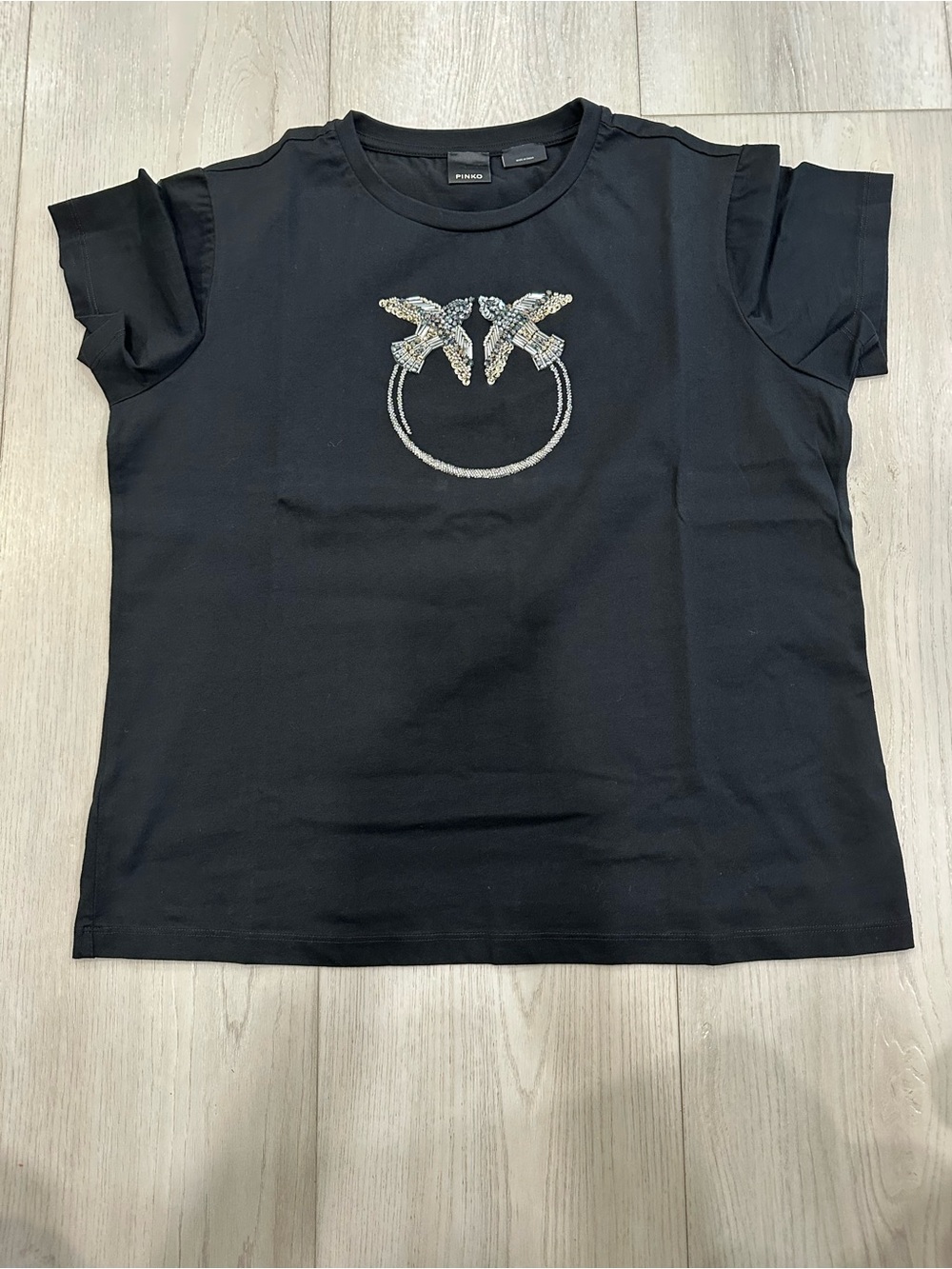 PINKO Quentin 3 Black Crystal Love Birds T-Shirt Size XL